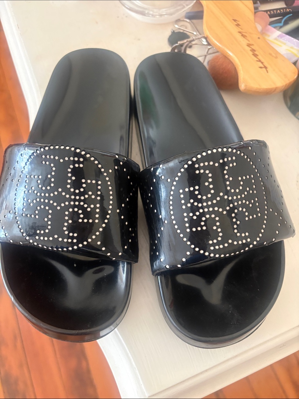Tory Burch Black Patent Studded Logo Slide Sandals